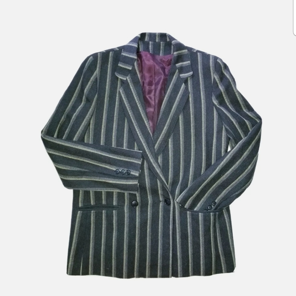 C'Est Simone Black Striped Women's Sz 10 100% Wool Double Breasted Blazer Jacket